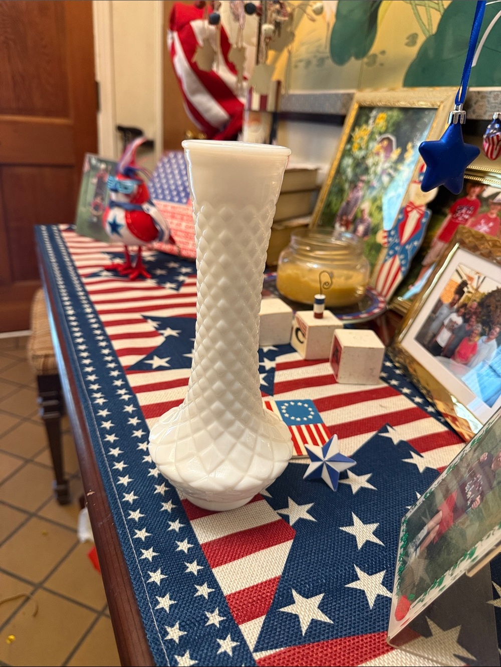 White Diamond-Quilt Milk Glass Bud Vase - Brand Unknown 9" tall